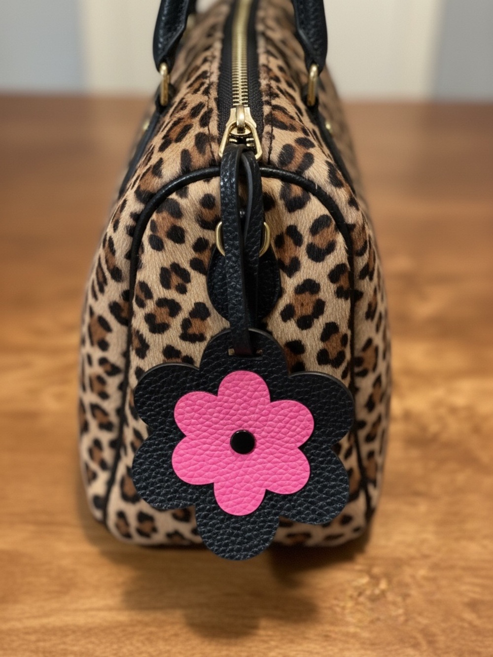 Pink and Black Leather Daisy Flower Bag Tag Charm
